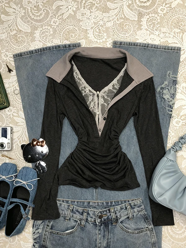 

Original Bla Folded Waist Slimming Long Sve T-irt for Girls Casual Sle Slim Fit Cotton Blend Autumn Wear