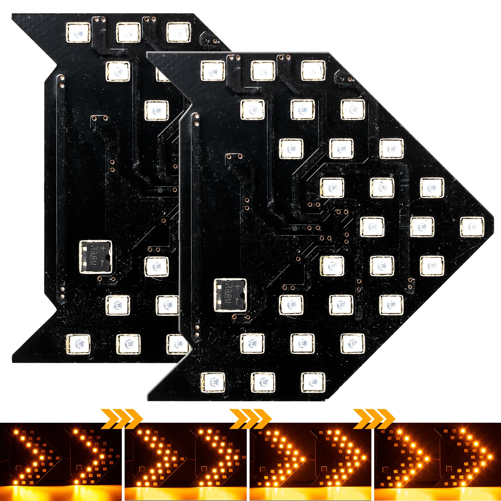 Pair Dynamic Sequential 3-Step Flash 27-SMD LED Circuit Board Panel for Behind The Side Mirror Turn Signal Retrofit Amber Yellow