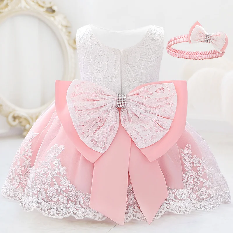 

Infant White Pink First 1st Birthday Dress For Baby Girl Costume Big Bow Princess Baptism Girls Dresses Party Dress Child