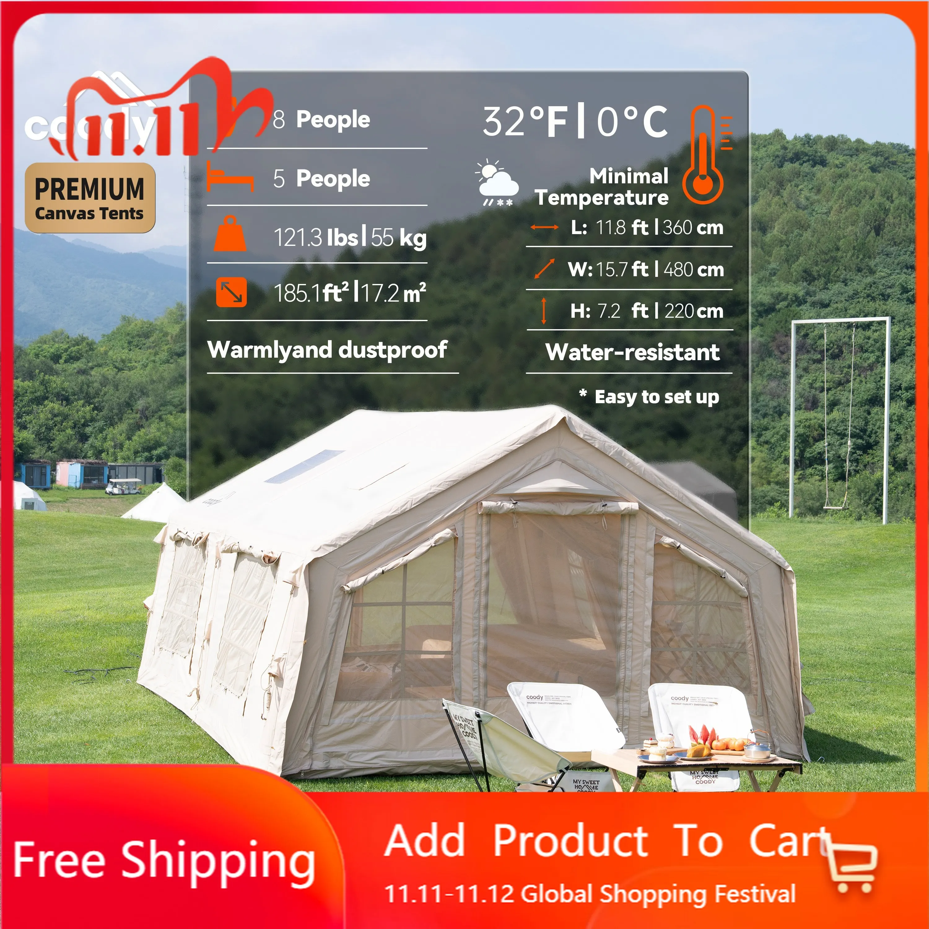 Beige Coody Familia 17.2 Air Tent Portable 4 Season Dual Room Tent For 5-8 People Outdoor Glamping