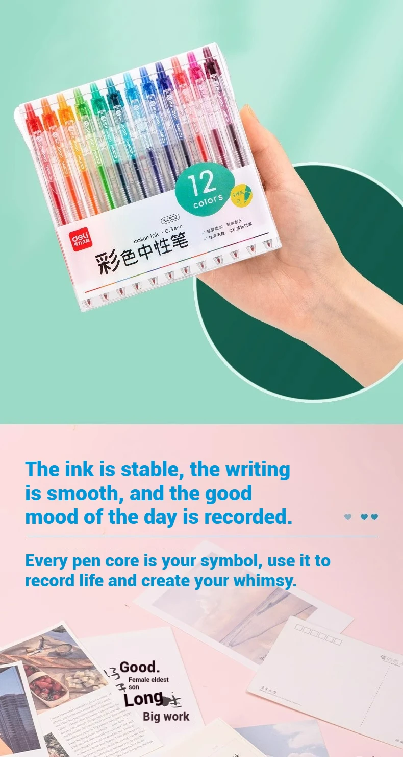 6/12 Stück Deli 0,5-mm-Farbstift, Stift für Notizen, Stift für wichtige Aufzeichnungen, Schulbedarf, Büromaterial. – Detail 3