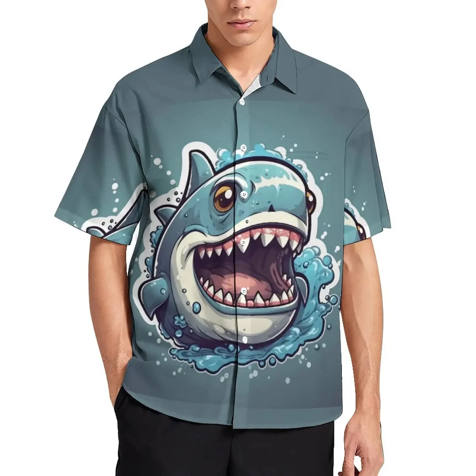 

Men's short-sleeved shirts with handsome shark print, casual and fashionable, large size comfortable men's shirts for summer new