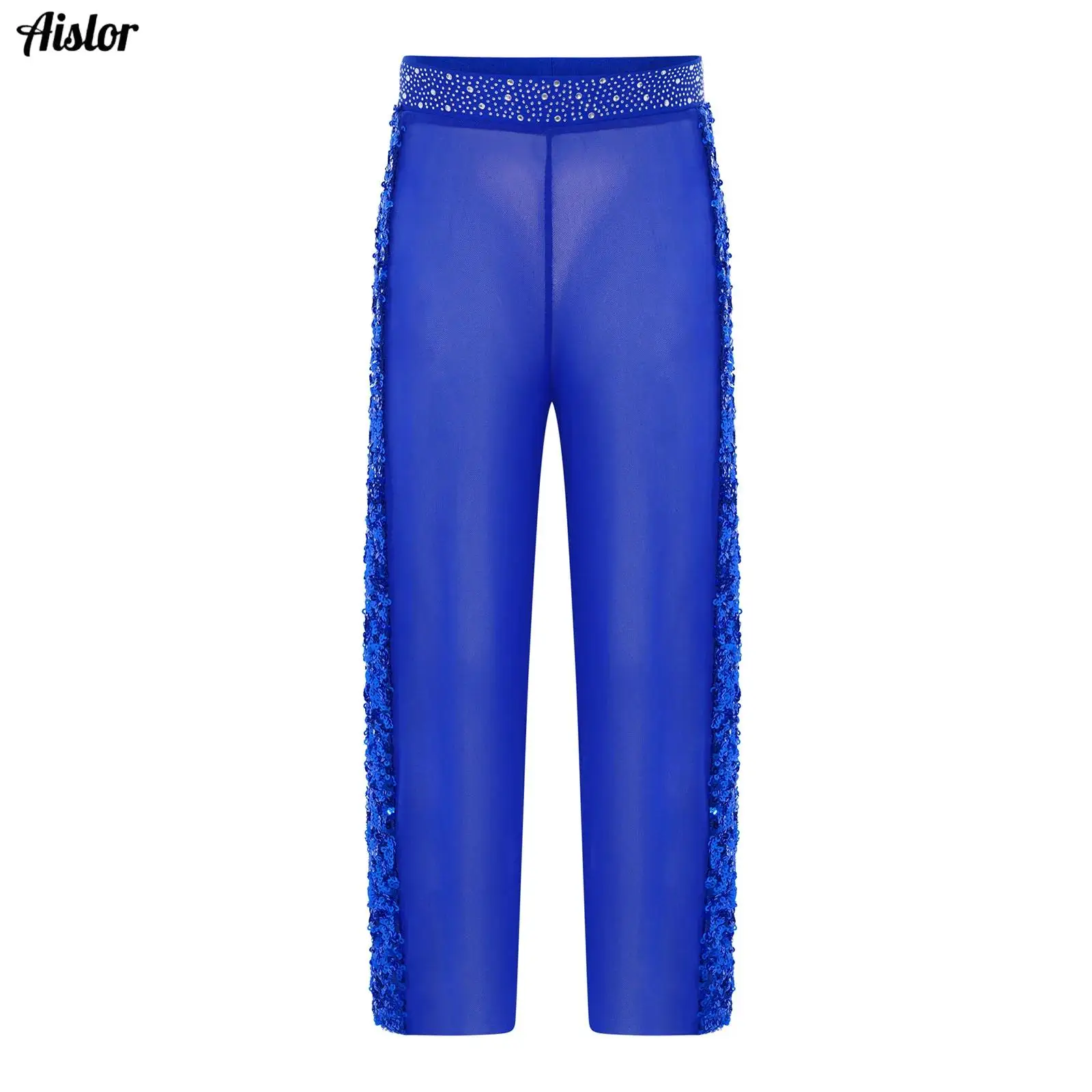 

Kids Girls Figure Skating Jazz Ballet Dance Pants Sequins Sheer Mesh Pants Shiny Rhinestones Elastic Waistband Wide-Leg Trousers