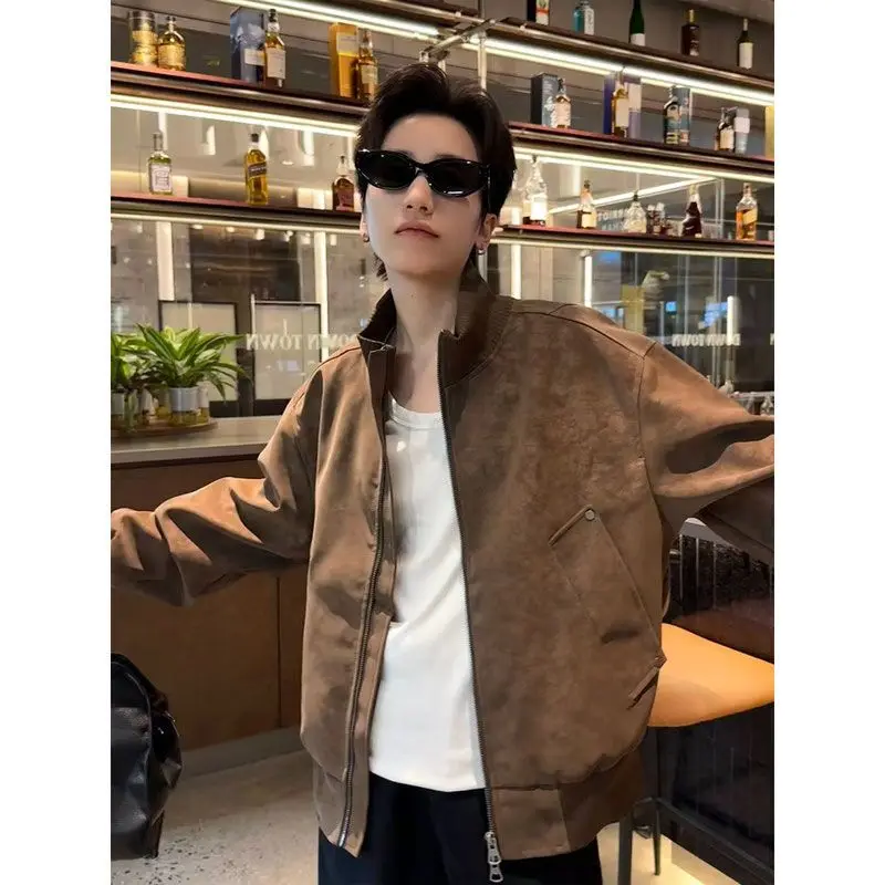 

ex из искусственной кожи Jaet в стиле ретро с воротником-стойкой, бейсбольное пальто, весенне-осеннее пальто для пилота, водонепроницаемое, модное для улицы