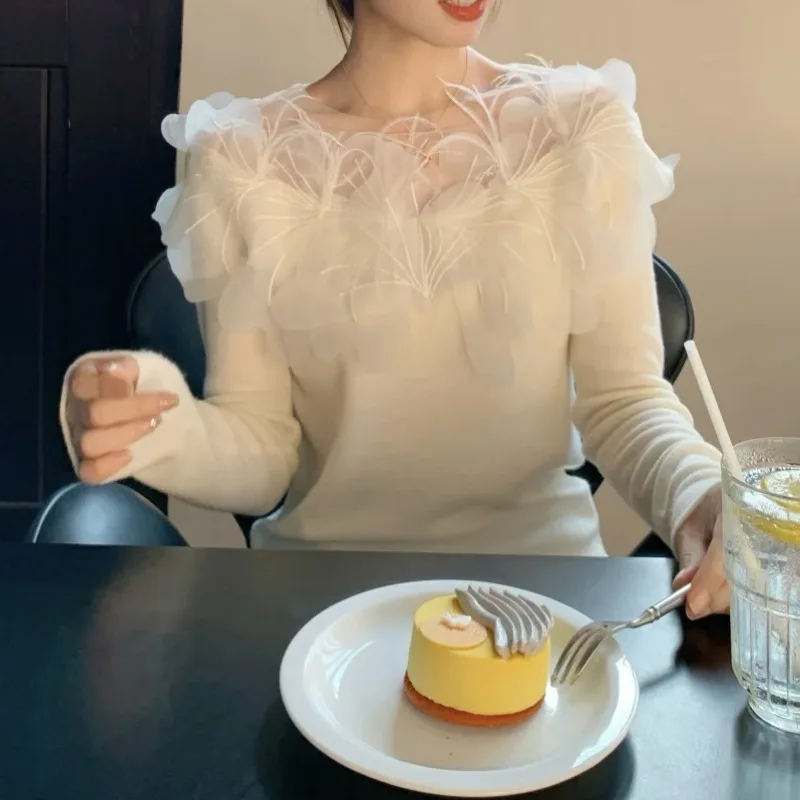 

Pure Desire Feather Top Women's Spring and Autumn New Base Shirt Long Sleeves Knitted Sweater with Slim Fit