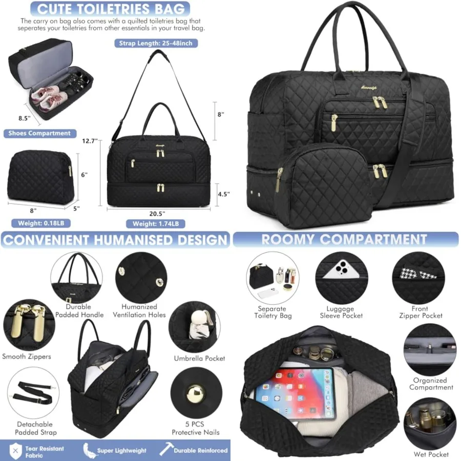 

Large Women Travel Duffle Bag, Carry on Bag with Wet Toiletry Pocket for Overnight, Weekend, Yoga, Gym, Business Trips, Sport a