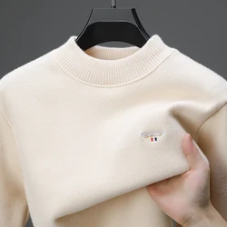 Luxury high-end round neck sweater men's winter trend brand embroidered Korean version casual plush warm thick knitted pullover