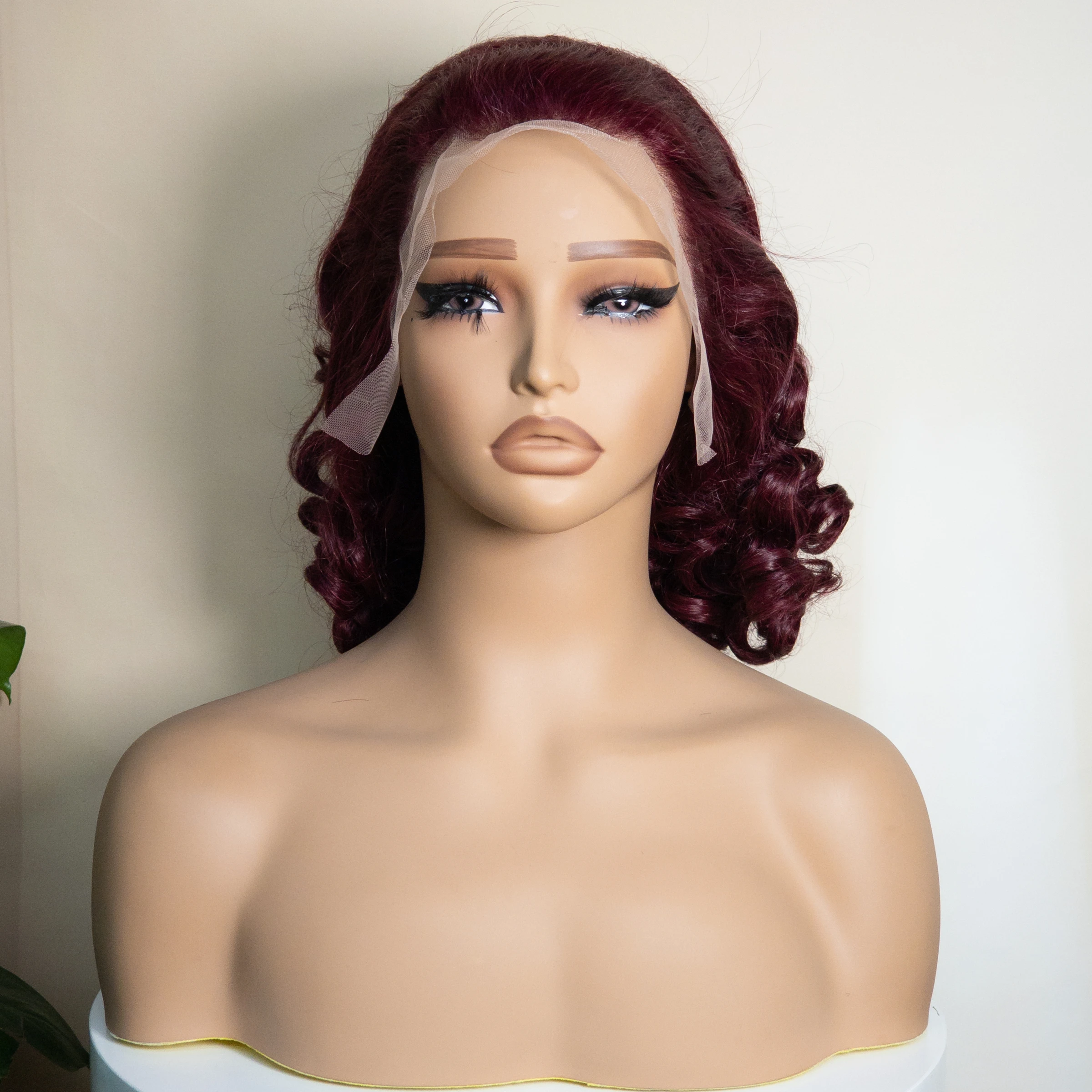 Bouncy Curly Human Hair Wigs Double Drawn HD 13x4 Lace Frontal Wigs Burgundy 250% Density Short Loose Wave Curly Wigs 16Inch