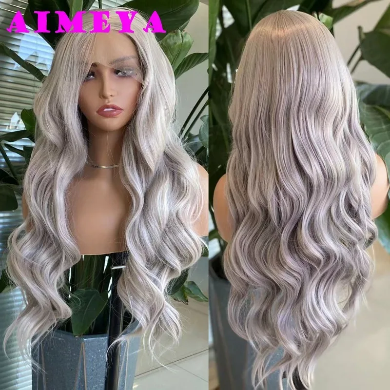 AIMEYA Ash Blonde Wig Long Body Wave Lace Front Wig 13x4 Synthetic Lace Wig for Women Girl Heat Resistant Hair Cosplay Daily Use