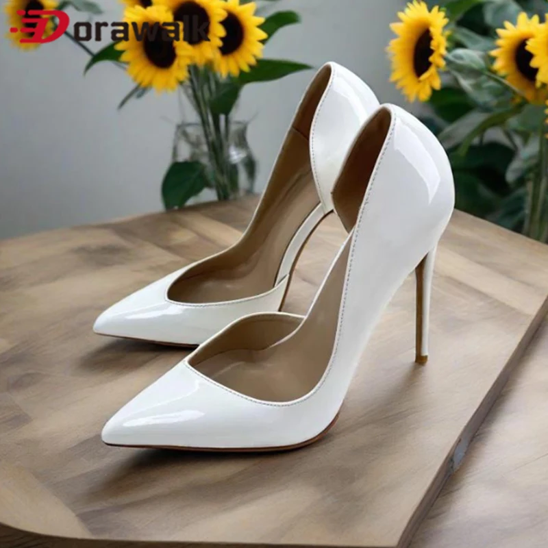 

Designer Chic 12cm OL White Woman High Heel Pumps Glossy Patent Slip on Pointed Toe Work Job Ladies Suit Shoes Size44 45 46