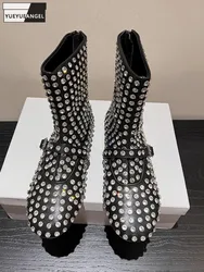 Designer Handmade Luxury Diamonds Runway Women Cowskin Genuine Leather Short Boots Spring Autumn Back Zipper Flat High Top Shoes