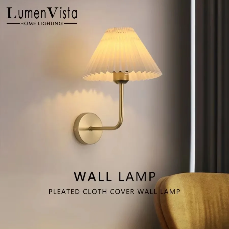 

Nordic E27 Retro Wall Lamp Minimalist Pleated Umbrella Shaped Bedroom Bedside Lamp Living Room Hotel Aisle Home Decoration Light