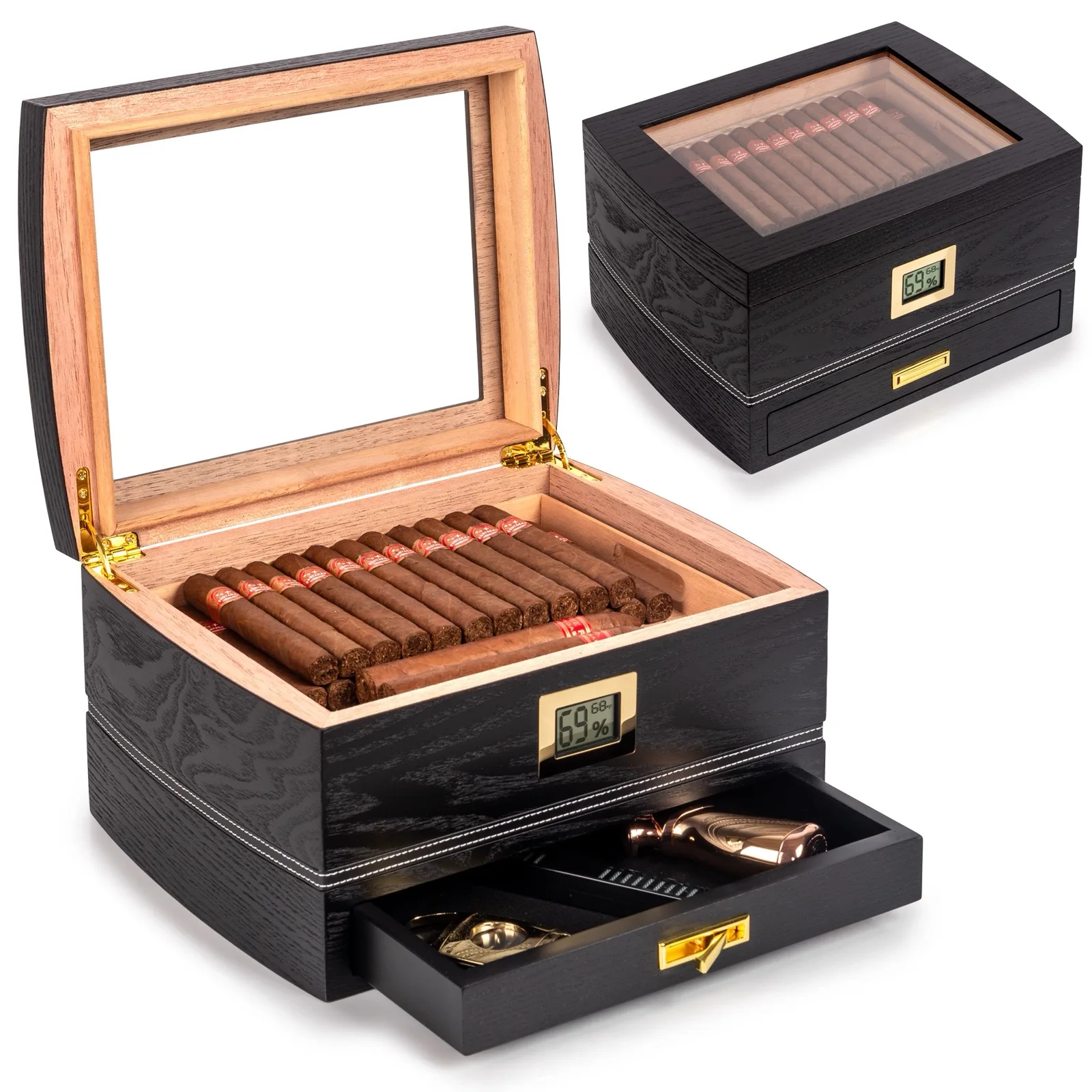 High End Double-Layer Glass Top Cigar Box, Cedar Wood With Drawer Moisturizing Cigar Box, Men's Cigar Box Gift (Black).