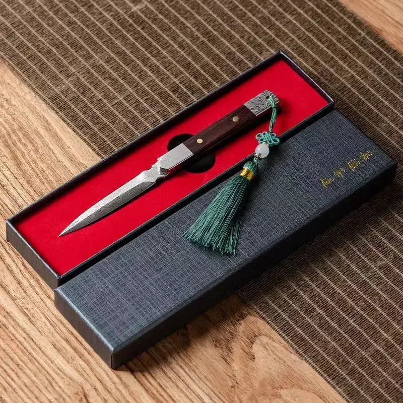 1pc Zen Tea Knife Handmade Tea Needle Black Sandalwood Damascus Pattern Steel Puer Tea Knife Tea Set Accessories