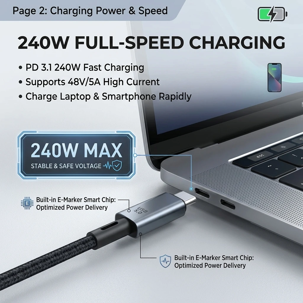 USB 5.0 Type C to Type C Cable 240W PD Fast Charging 80Gbps Ultra Speed Data Transfer 16K 60Hz Video Display Full Function Cord