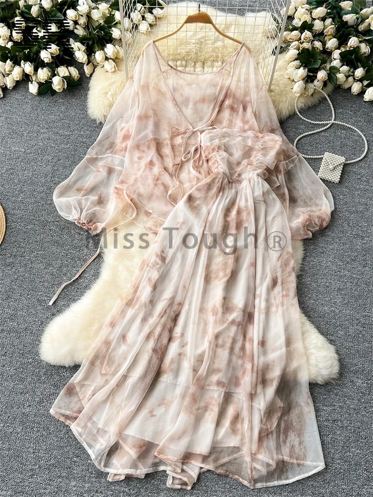 Frence Style Sweet Chiffon Two Piece Set Women Sun-proof Shirt + Design Strapless Dress Summer Vocation Dye Spring Beach Dresses