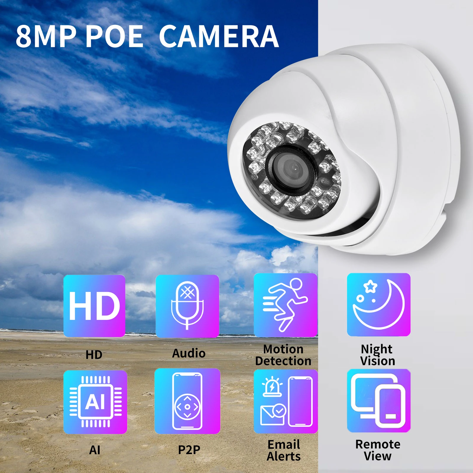 Gadinan HD 8MP 4K Dome CCTV Security Protection Face Detection 24 Infrared LED Indoor AI Motion Detection Night Vision IP Camera