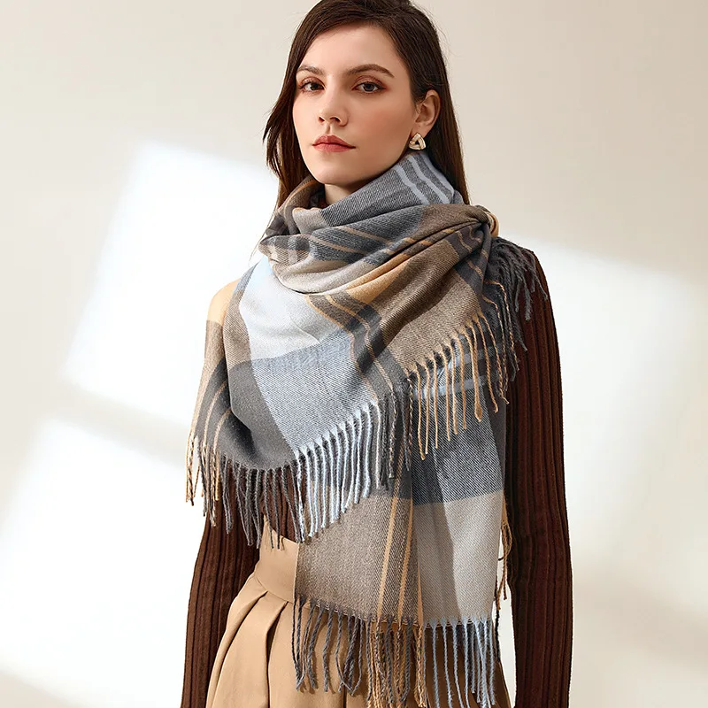 Women's Scarf 2023 Autumn and Winter New Plaid Scarf Cashmere-like Europe and America Cross Border Foreign Trade Warm Tassel Sha