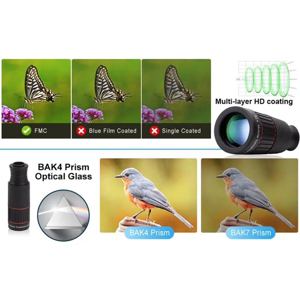 Universal HD Optical Cell Phone Lens Telephoto Lens Monocular Monocular Zoom Cell Phone Lens Tripod 32X Mobile Phone Lenses