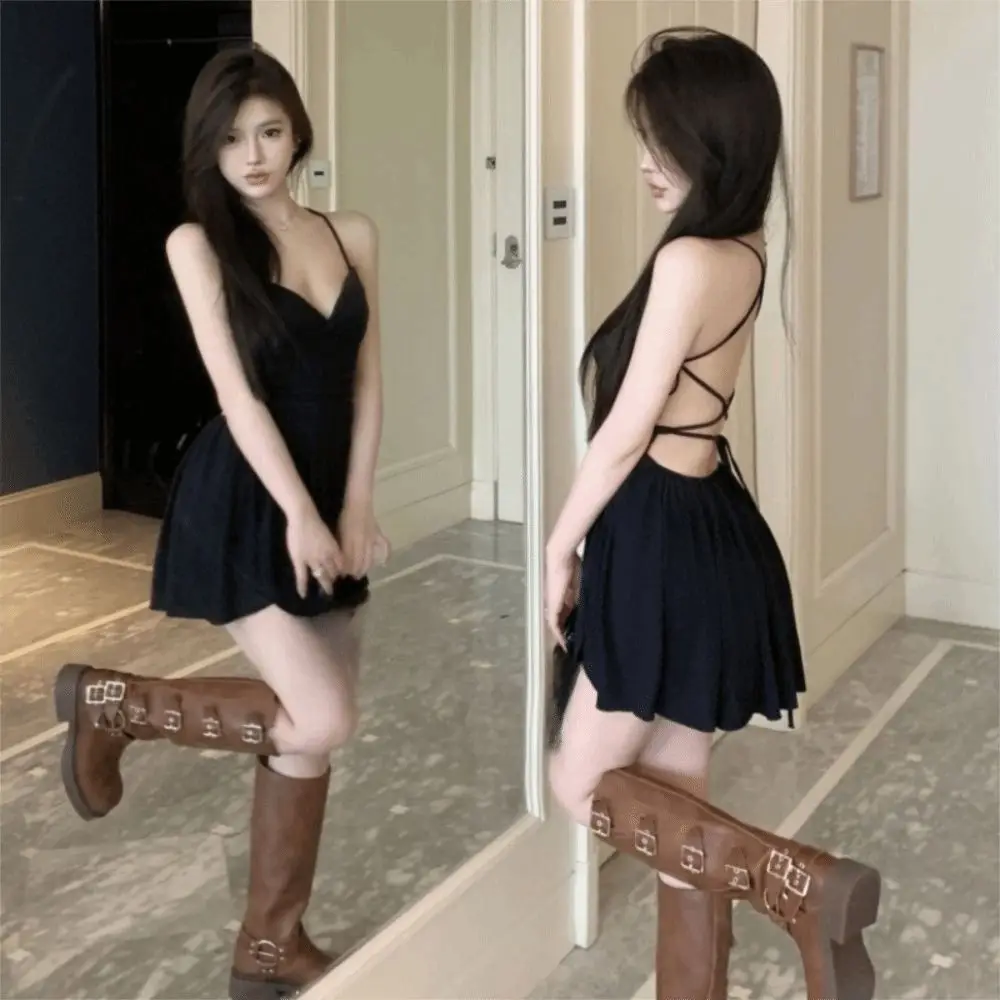 

Miniature Figure Mini Black Dress Chic Design Cross Backless Strapless Gown Pure Desirable Slimming Cut Hepburn Style Dress