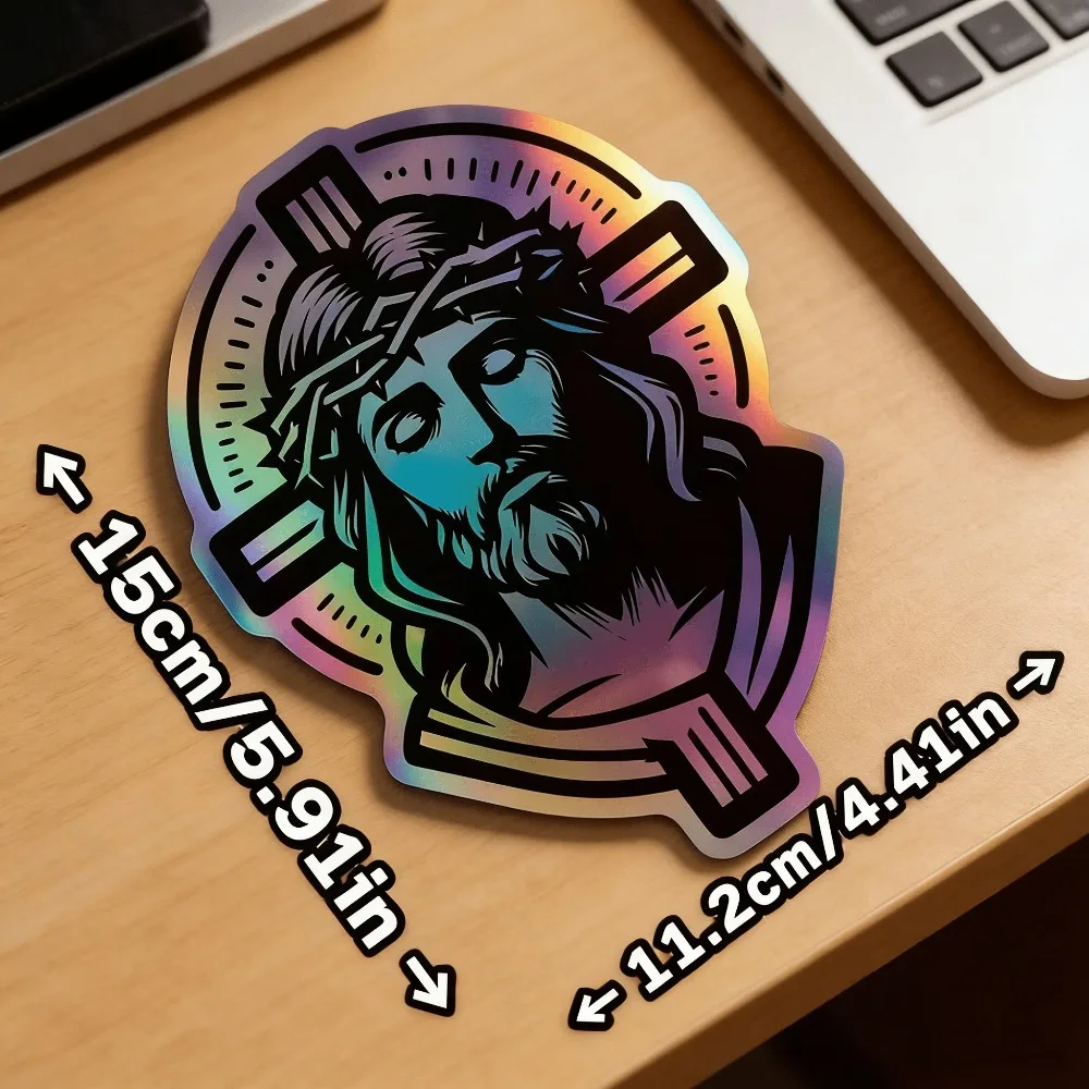 1pc Laser Colorful Jesus Cross Waterproof Vinyl Sticker, Religious Faith Decal for Car Motorcycle Decor