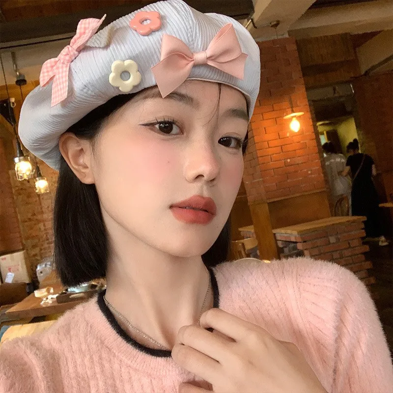 Boina coreana con lazo y flores para mujer, gorro octogonal con lazo rosa para chica dulce, gorro Y2K para artista pintor, gorros para primavera y otoño
