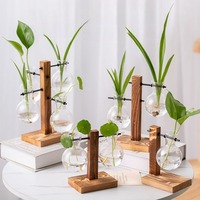 Innovative Hanging Wooden Frame Glass Hydroponic Vase Green Ivy Glass Vase Flower Container Desktop Decoration Ornament