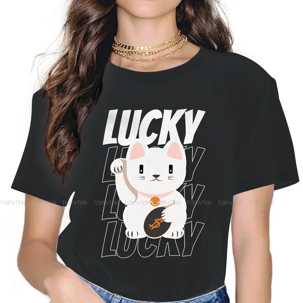 Lucky Cat Women T Shirt Doll Design Female Tops Harajuku Funny Tees Ladies 5XL Oversized Tshirt