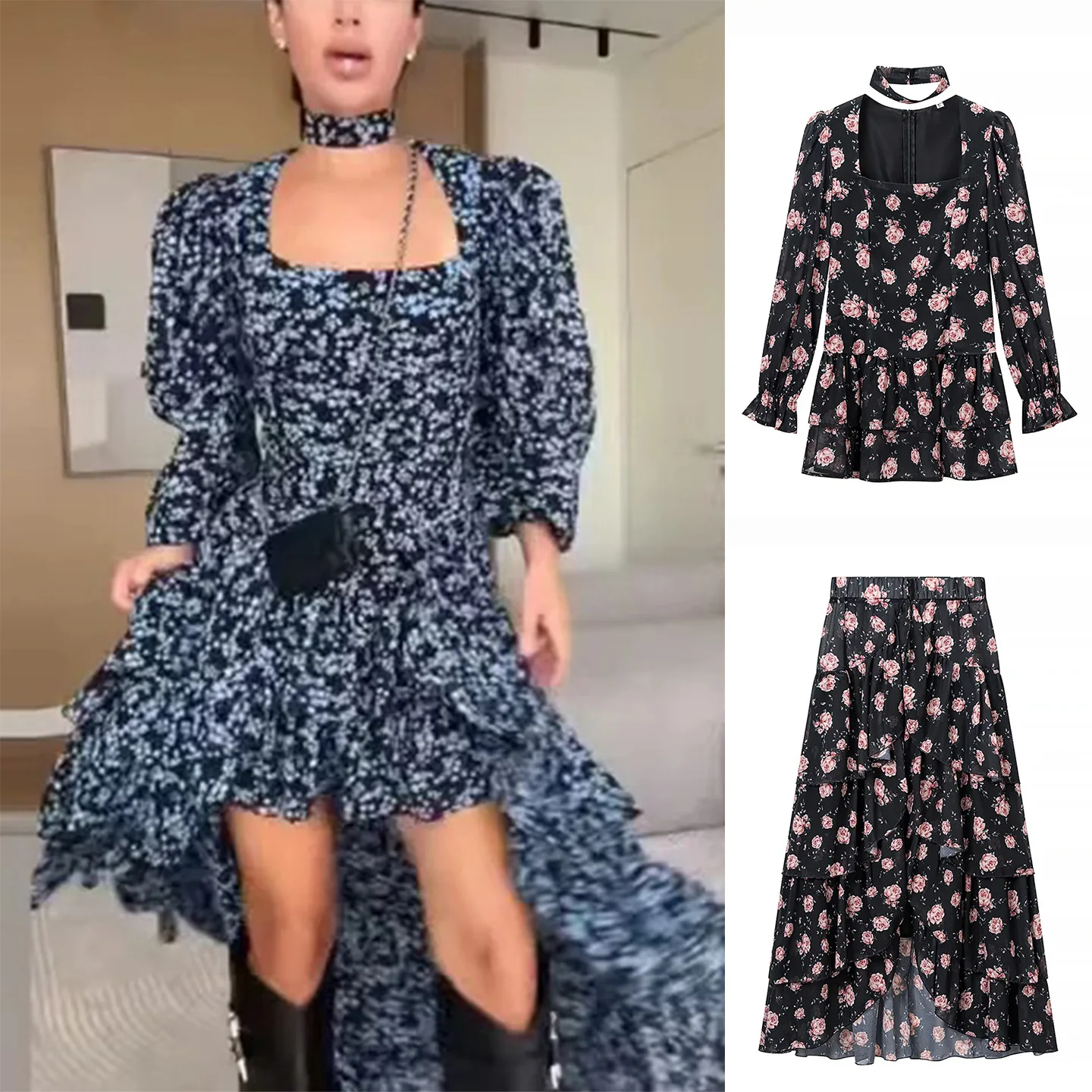 

Spring Summer New Women's Square Collar Long Sleeve Zipper Style Elastic Waist Casual Halter Skirt Set Floral Print Two Piece...