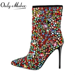Onlymaker Women Pointed Toe Colorful Rhinestones Ankle Bootsl 10CM Stiletto Heel Party Dress Side Zipper Boots