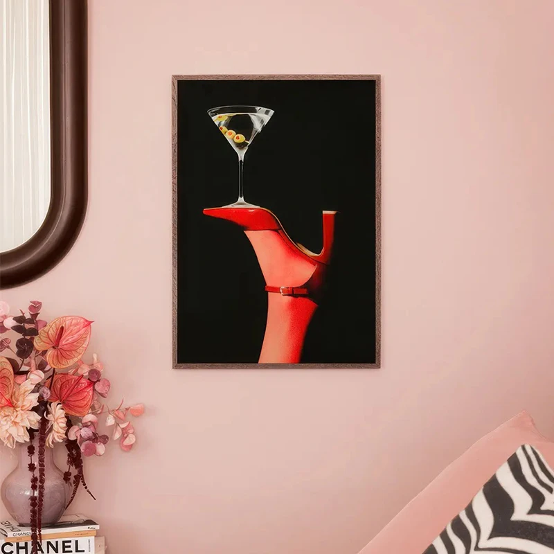Retro Espresso Martini Canvas Print High Heels Cocktail Wine Glass Food and Beverage Wall Art Poster for Living Room Home Decor