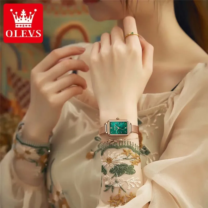 OLEVS marka kobiety zegarki Fashion Square Ladies bransoletka do zegarka kwarcowego zestaw zielona tarcza prosta siatka z rรณลผowego zลota luksusowe