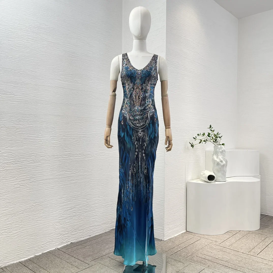 2024 New Spring Summer Silk Navy Blue Peacock Print Sleeveless Diamonds Pressed Vest Side Slit Maxi Dress