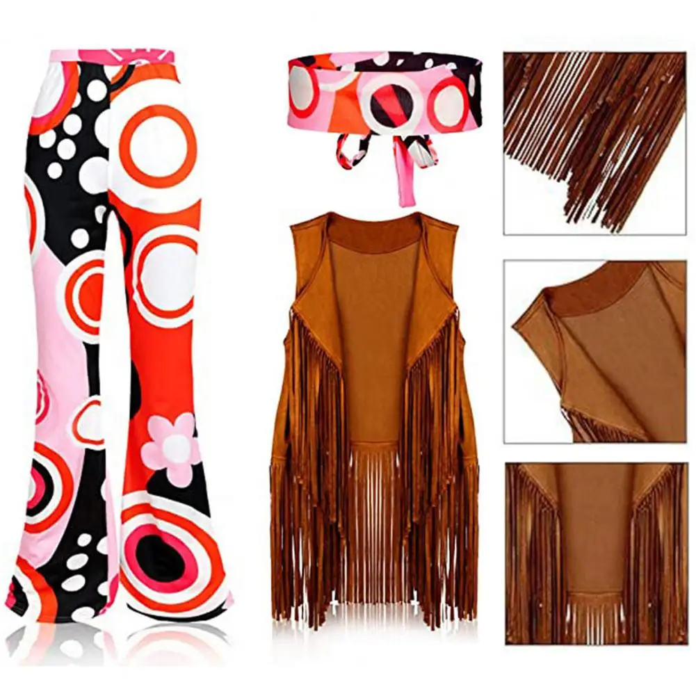 Women Bell Bottoms Set Nightclub Costume Retro Flared Pants Tassel Waistcoat Headband Set 70s Style Fringed Vest Party Clothing