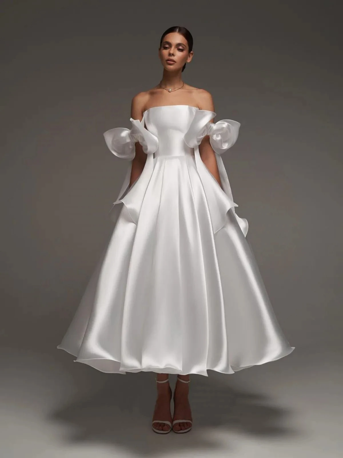 

Свадебное платье принцессы с открытыми плечами, атласное платье чайной длины, свадебное платье принцессы для вечеринок, платье невесты, Vestidos De Noiva