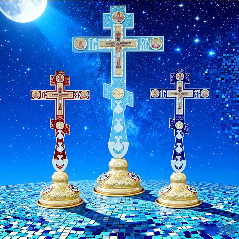 Neues Orthodoxes Kruzifix, vergoldetes Standkreuz mit religiösen Porträts, christliche Altardekoration für Zuhause, orthodoxes Geschenk – Detail 2