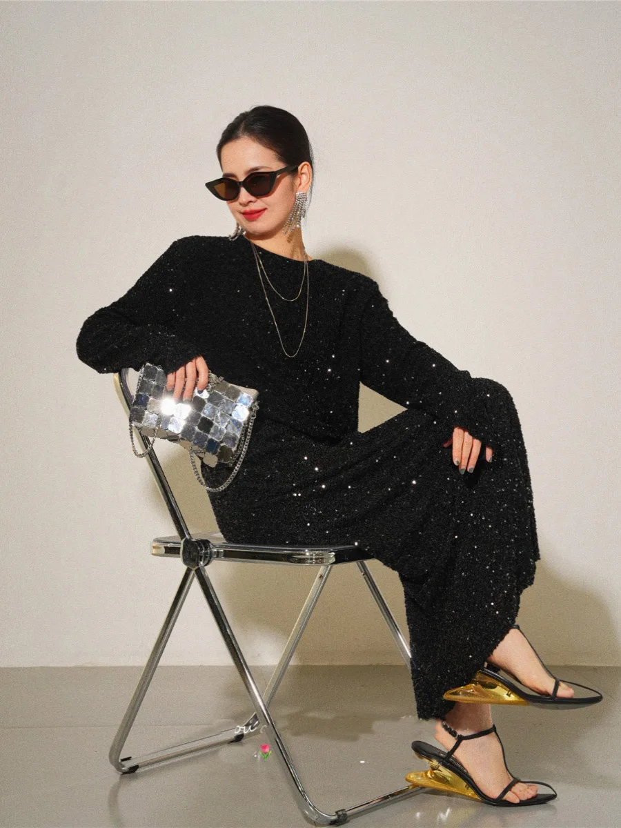 2024 Women's Clothing Long-sleeved top, A-line skirt, stretch sequin suit Spring Summer New 0427