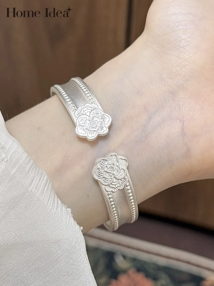 

Элегантный женский браслет из стерлингового серебра 999 пробы с цветочным узором, подарок на день рождения, ручная работа, винтажное изысканное украшение, регулируемый браслет