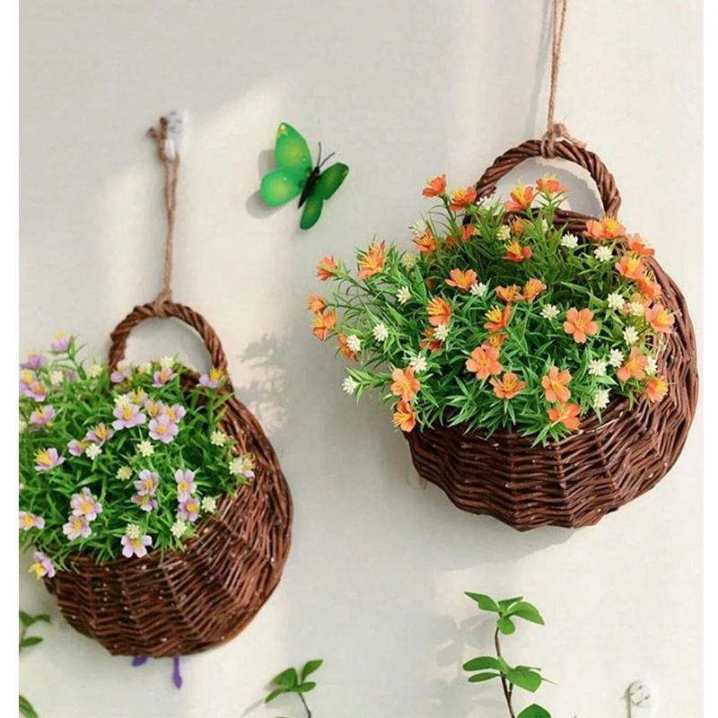 Hand Made Wicker Rattan Flower Planter Wall Hanging Wicker Rattam Basket Garden Vine Pot Plants Holder Garden Pots Wall Planter