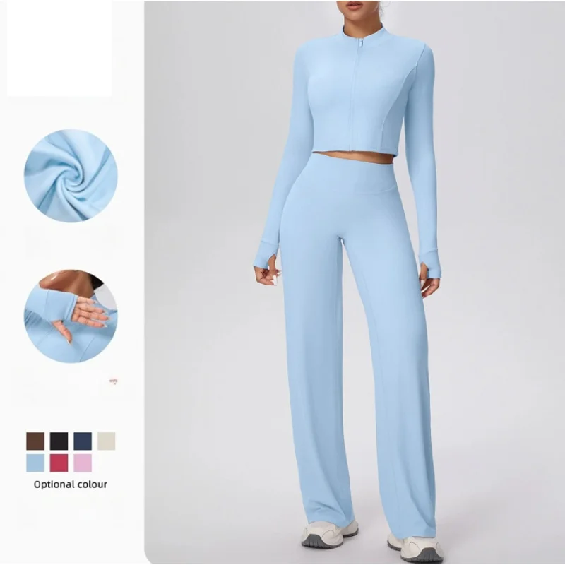 여성용 짐 피트니스 플레어 팬츠 슈트 2피스 세트 의류 요가 세트 긴팔 상의 루즈핏 스트레이트 팬츠 트랙슈트 세트 액티브웨어
