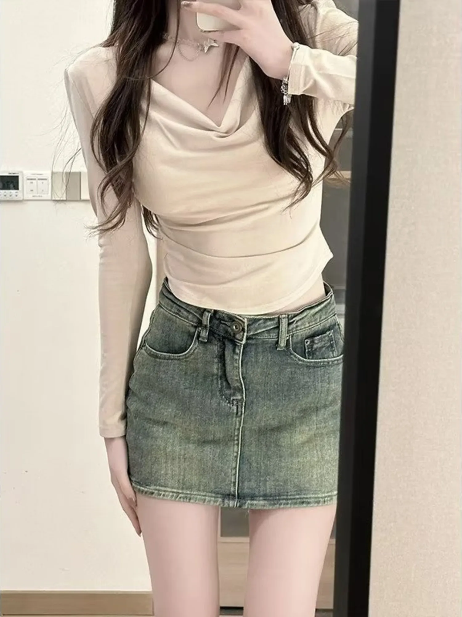 Women High Waist Denim Mini Skirt Vintage Blue Bodycon Pencil Jean Skirt with Pockets Summer Casual Streetwear Cotton