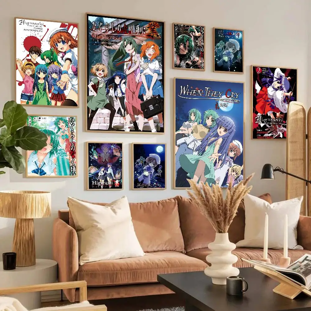 Cartoon Anime H-Higurashi When They Cry Classic Vintage Posters Whitepaper Prints Posters Artwork Kawaii Room Decor