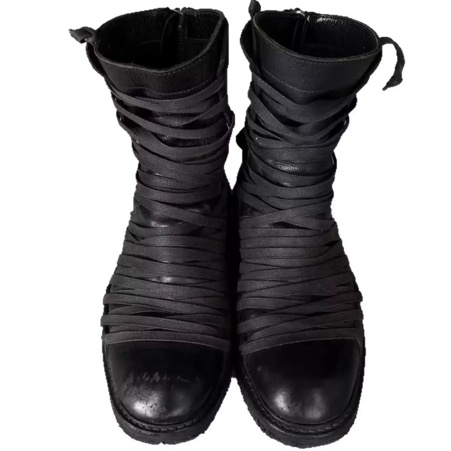 Men's dark-style high-top boots featuring multiple straps, chunky heels, decorative lacing, and a round-toe biker/motorcycle