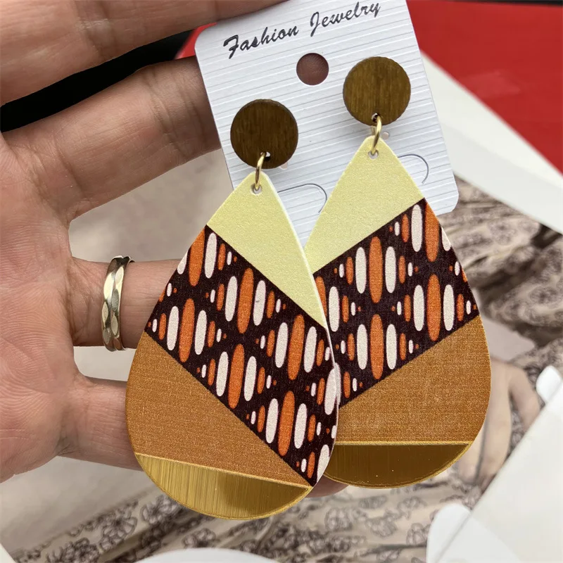 Mode Vintage bemalt große Holz Ohrringe ethnische übertriebene Muster geometrische Aussage Tropfen Ohrringe Urlaub Party Schmuck – Detail 38