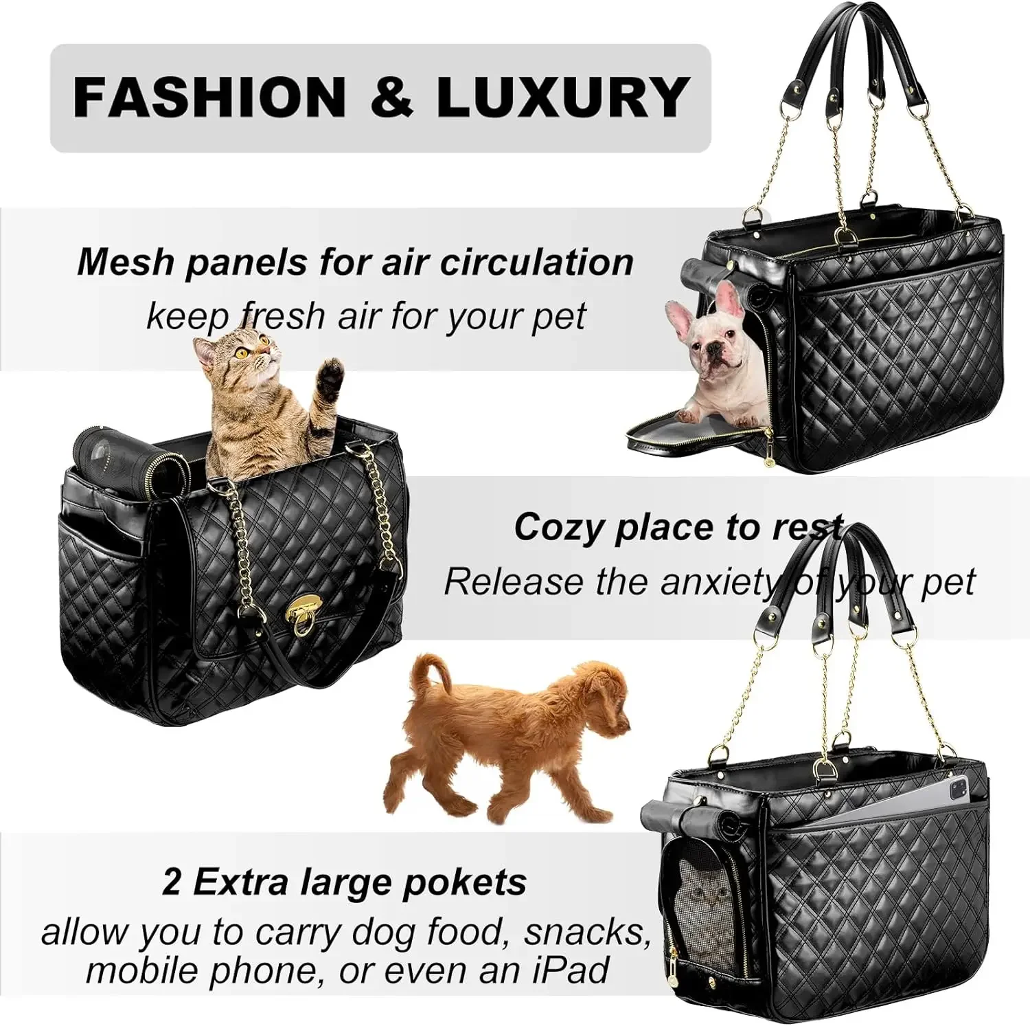 Fashion Dog Purse Carrier for Small Dogs with 2 Super-Large Pockets PU Leather Pet Carrier Puppy Purse Carrier for Travel