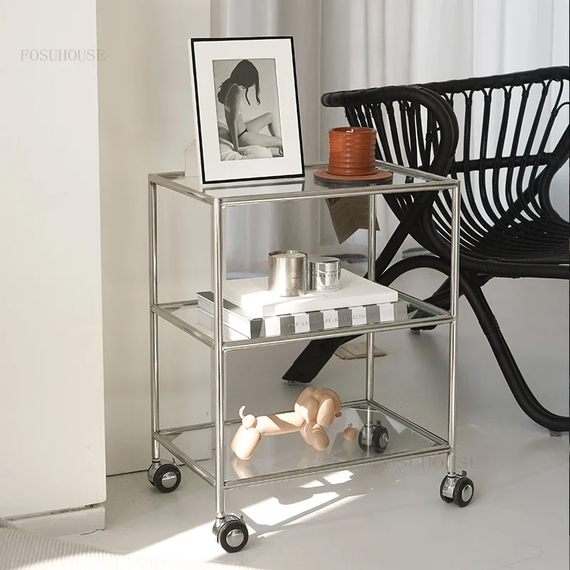 Creative Modern Coffee Tables Kitchen Stainless Steel Designer Side Table Movable Glass Table Home Furniture Storage Rack