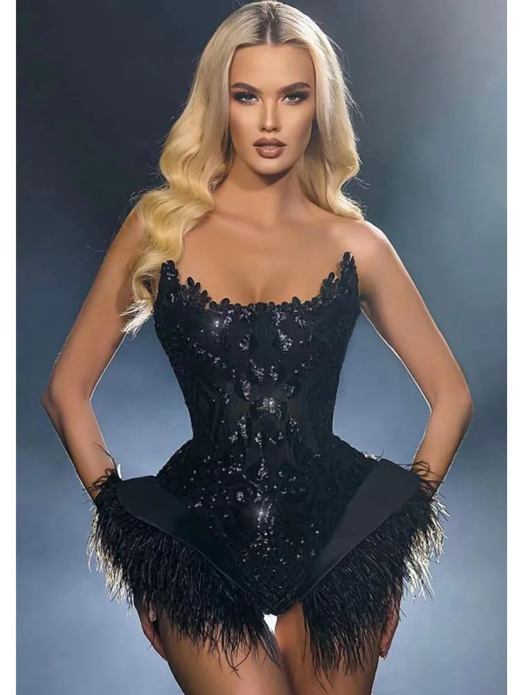 

Women Luxury Black Evening Club Outfits Sexy Strapless Sequines Embroidery Furry Bodycon Plasuit Nightclub Party Stage Costumes