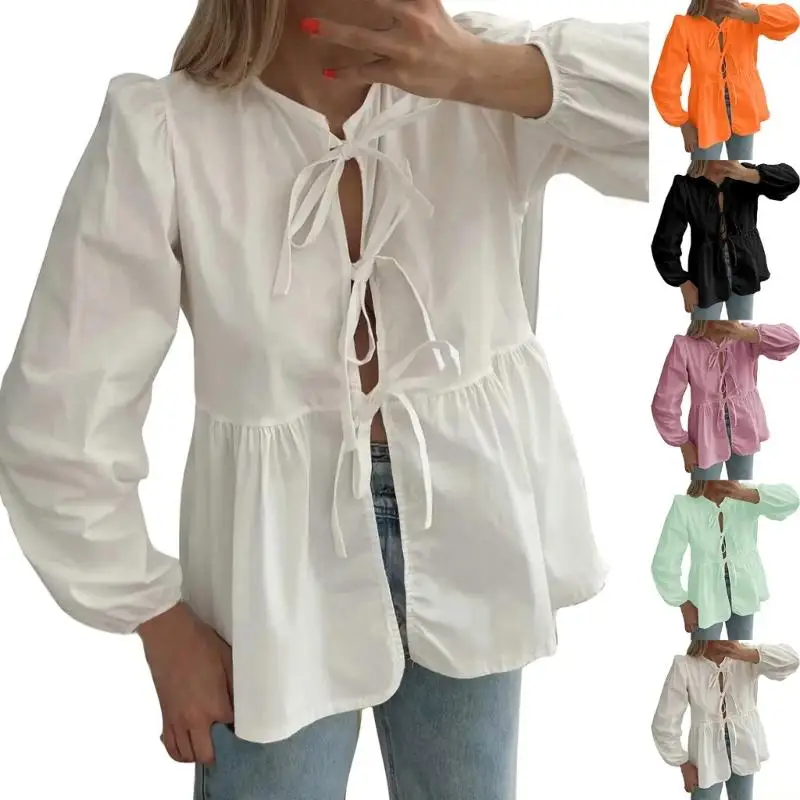 31BF Women's Babydoll Tops Spring Trendy 3/4 Length Puff Sleeve Bow Tie Front Peplum Blouses Shirts