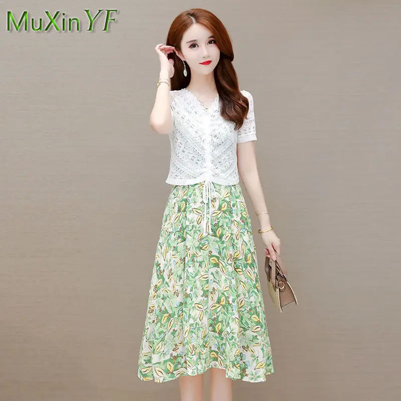 

Women's Summer Dress Suit 2024 New Fashion Temperament Top Floral Midi Skirt Set Korean Elegant Casual Blouse Dresses 2 Piece Su