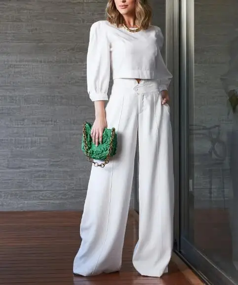 

Women's Clothing 2025 New Fashion Short Sleeved Top High Waist Wide Leg Pants Two-Piece Set Simple Commuting Style Elegant Set